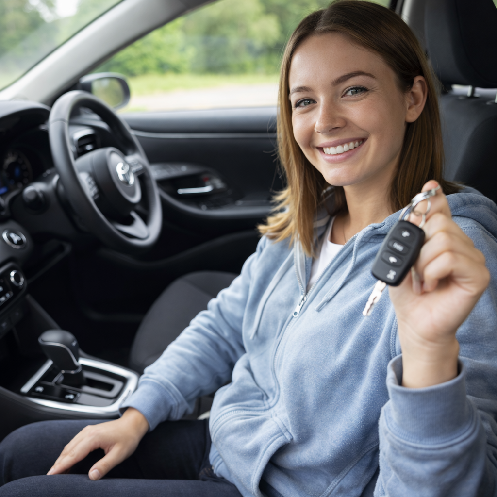 Learner driver having an automatic driving lesson inside a modern car with instructor guidance in Slough.