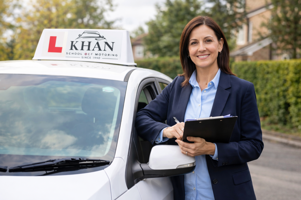 Driving instructor standing beside learner car with roof sign and clipboard