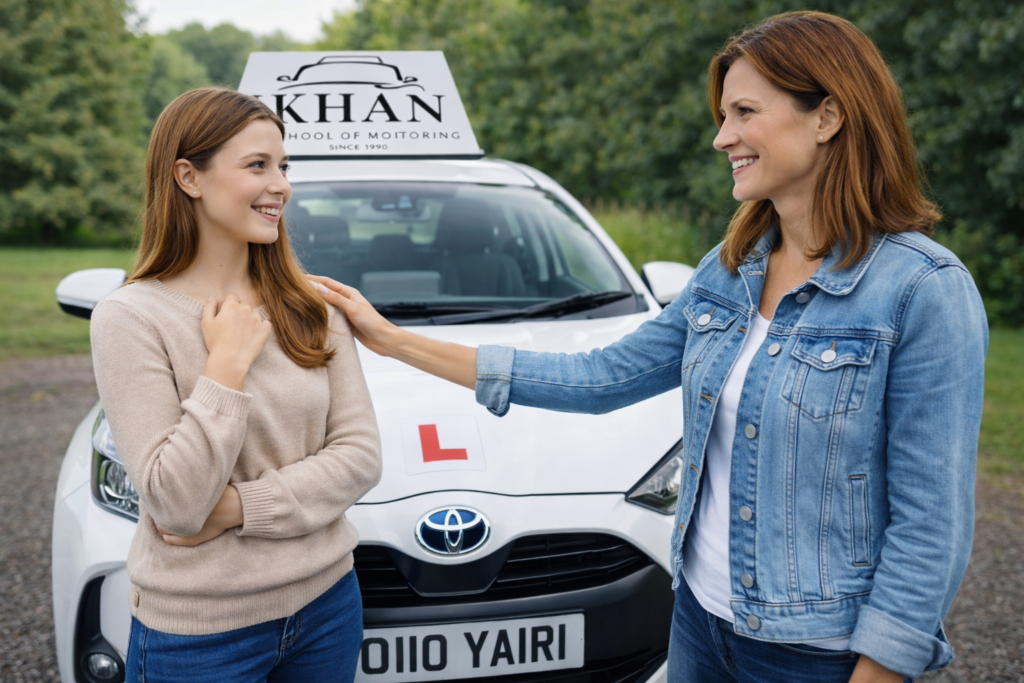 Female driving instructor congratulating a learner outside a Toyota Yaris driving school car with Khan School of Motoring roof sign in the UK.