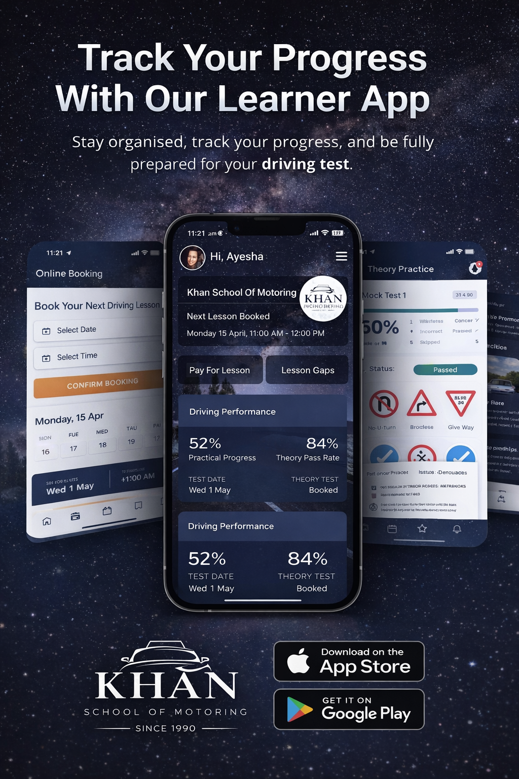 Promotional graphic showing a smartphone displaying the Khan School of Motoring learner app with booking, progress tracking and theory practice screens against a dark starry background with App Store and Google Play download badges.